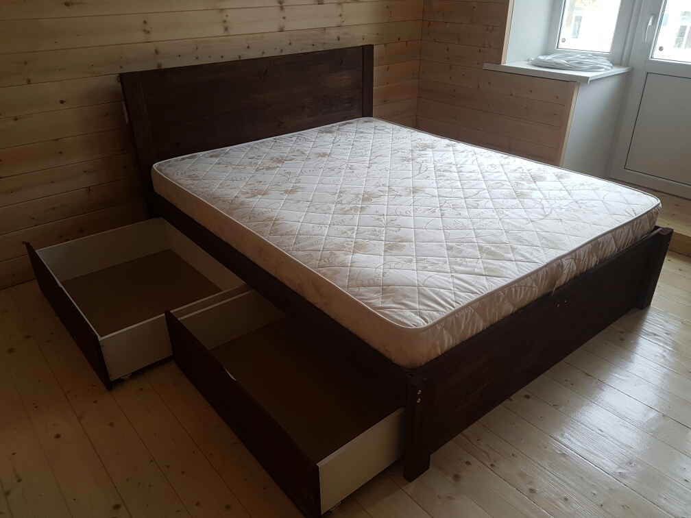 Деревянная кровать "Классик щит" с выдвижными ящиками и зашитым изножьем цвет орех